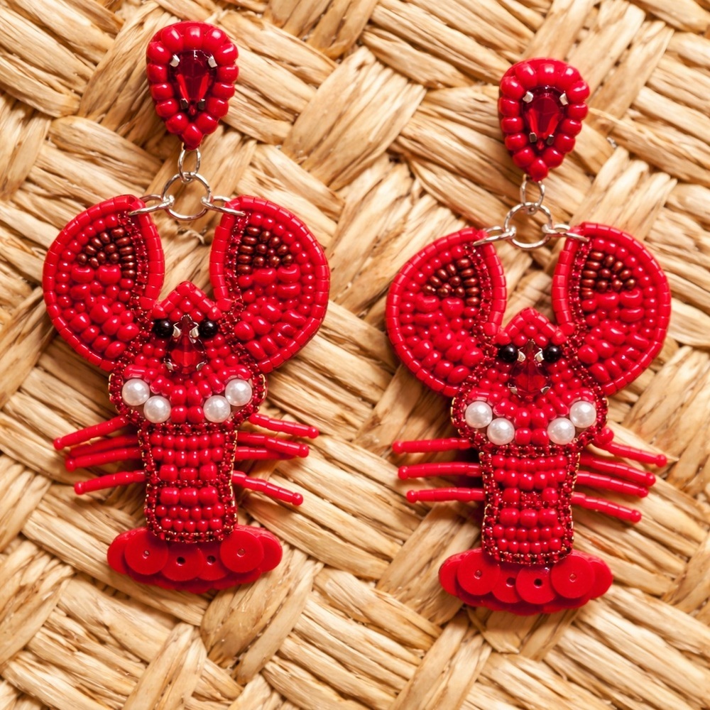 Lobster Beaded Earrings Tropical Vacation Statement Coastal Nautical Red Beach - Picture 2 of 2